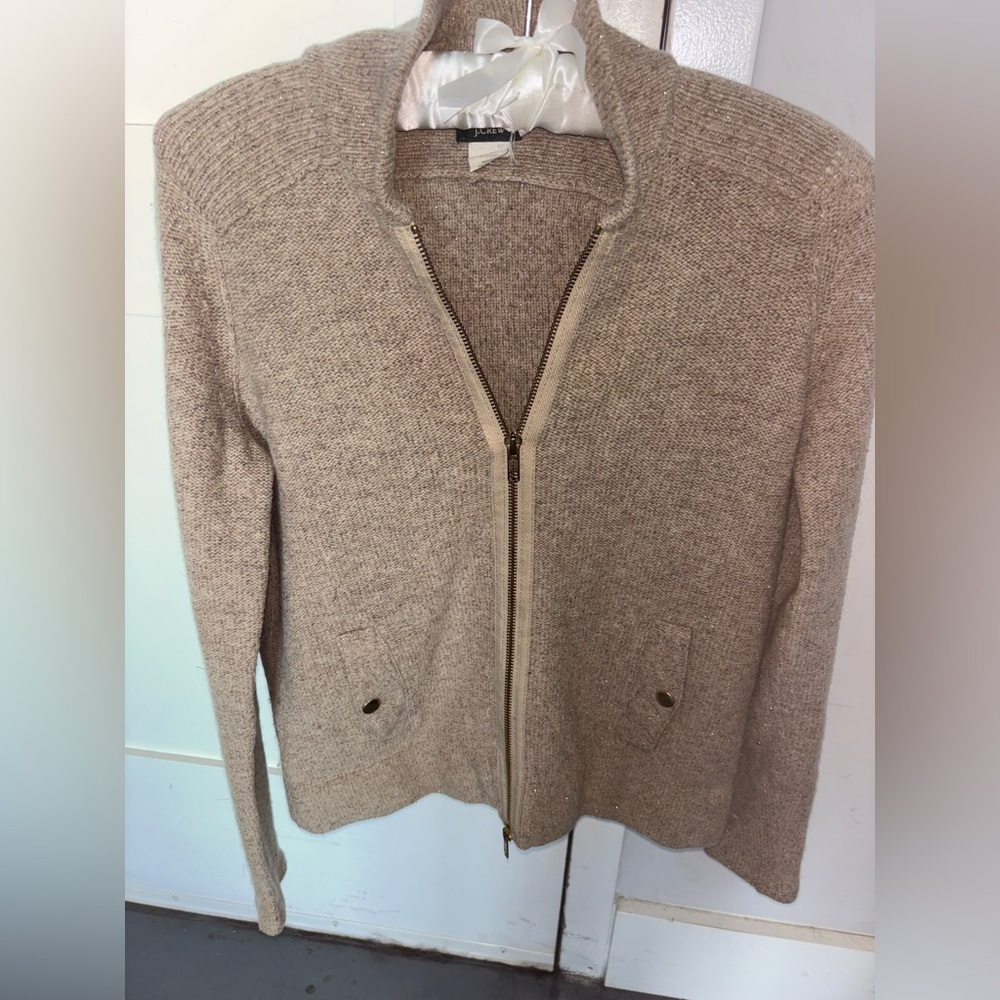 J. Crew Merino Wool Brown Metallic Zip Front Cardigan‎ Sweater Small Women’s
